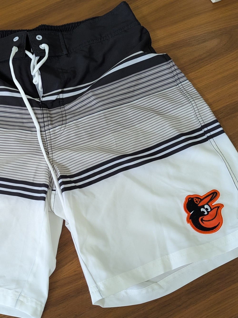 Men's Baltimore Orioles Black & White Striped Swim Trunks